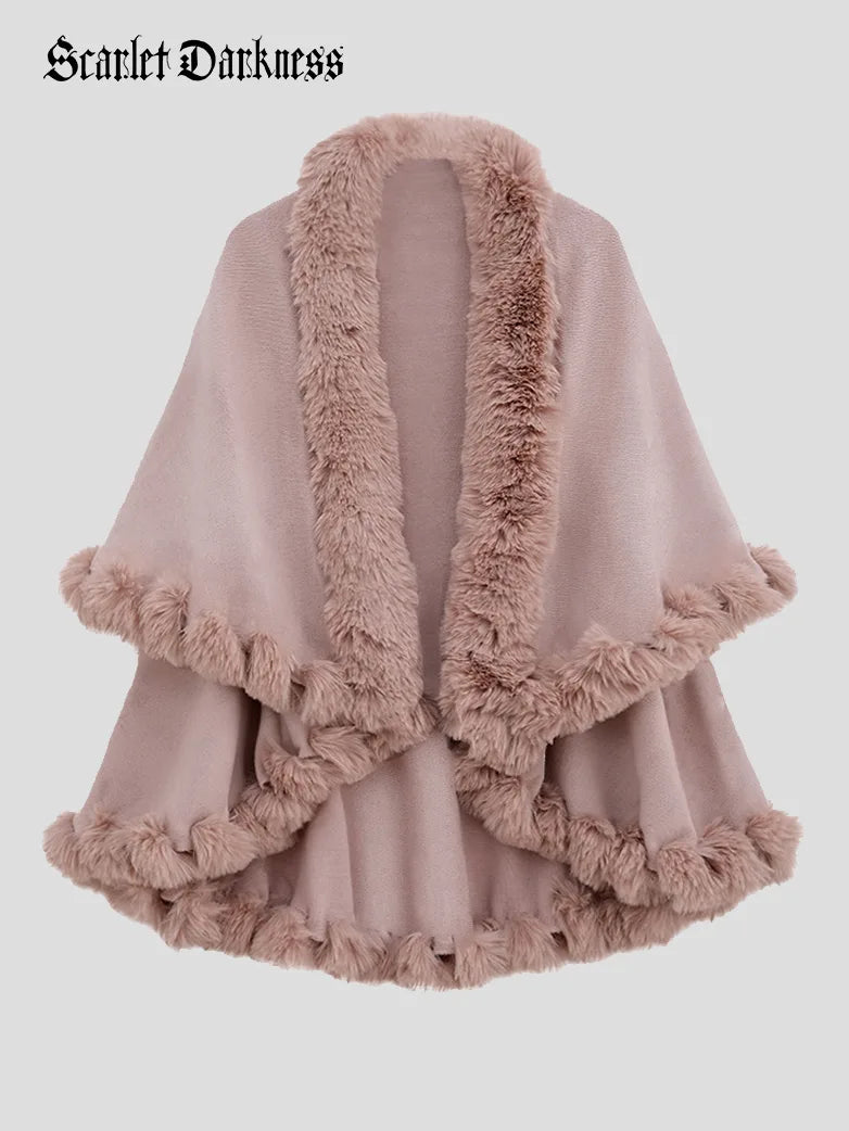 belle poque 1980s Christmas Double-layer Fur Collar Cape Pink 85cm*130cm