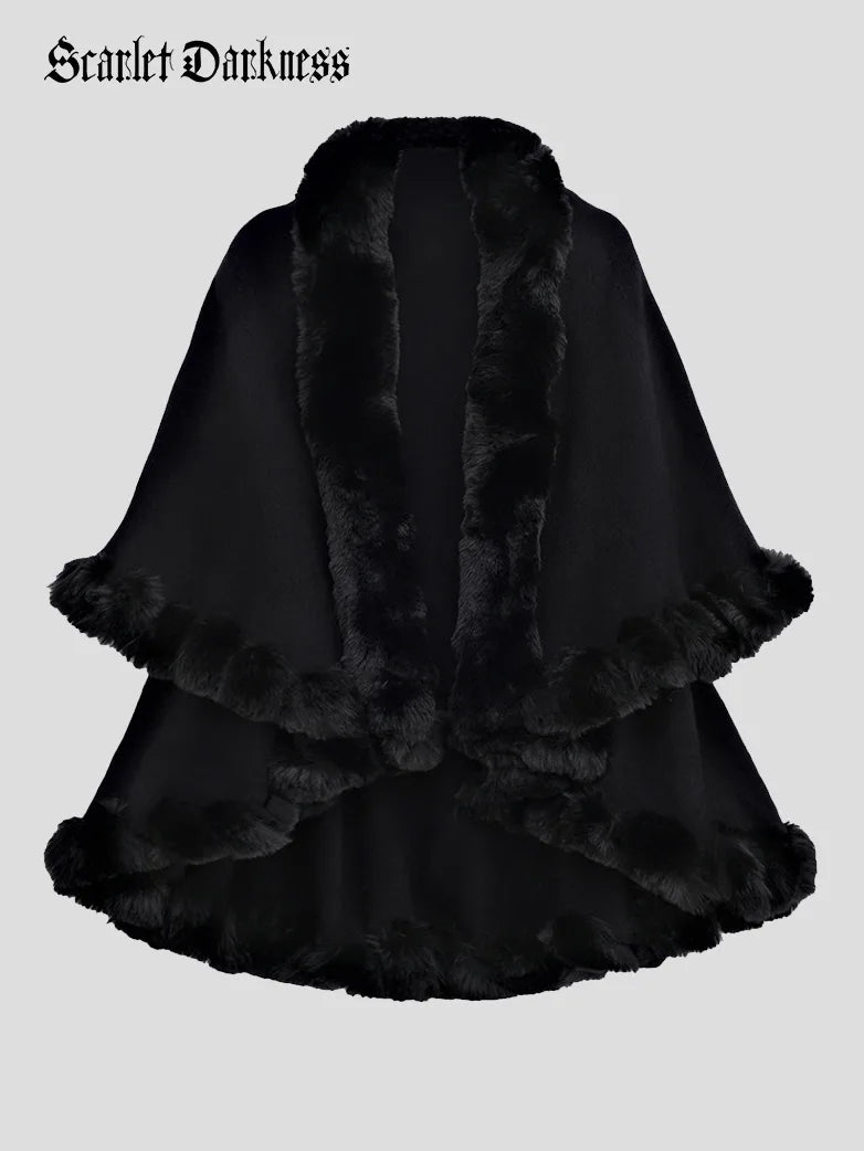 belle poque 1980s Christmas Double-layer Fur Collar Cape Black 85cm*130cm