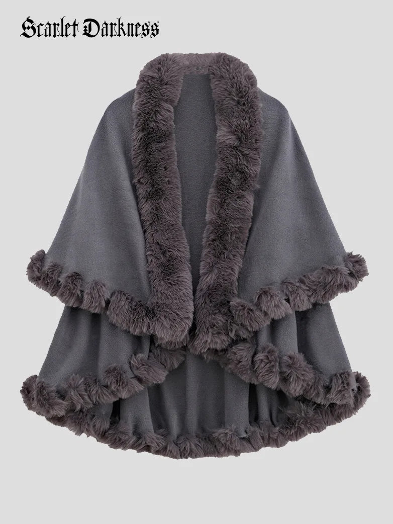 belle poque 1980s Christmas Double-layer Fur Collar Cape Grey 85cm*130cm