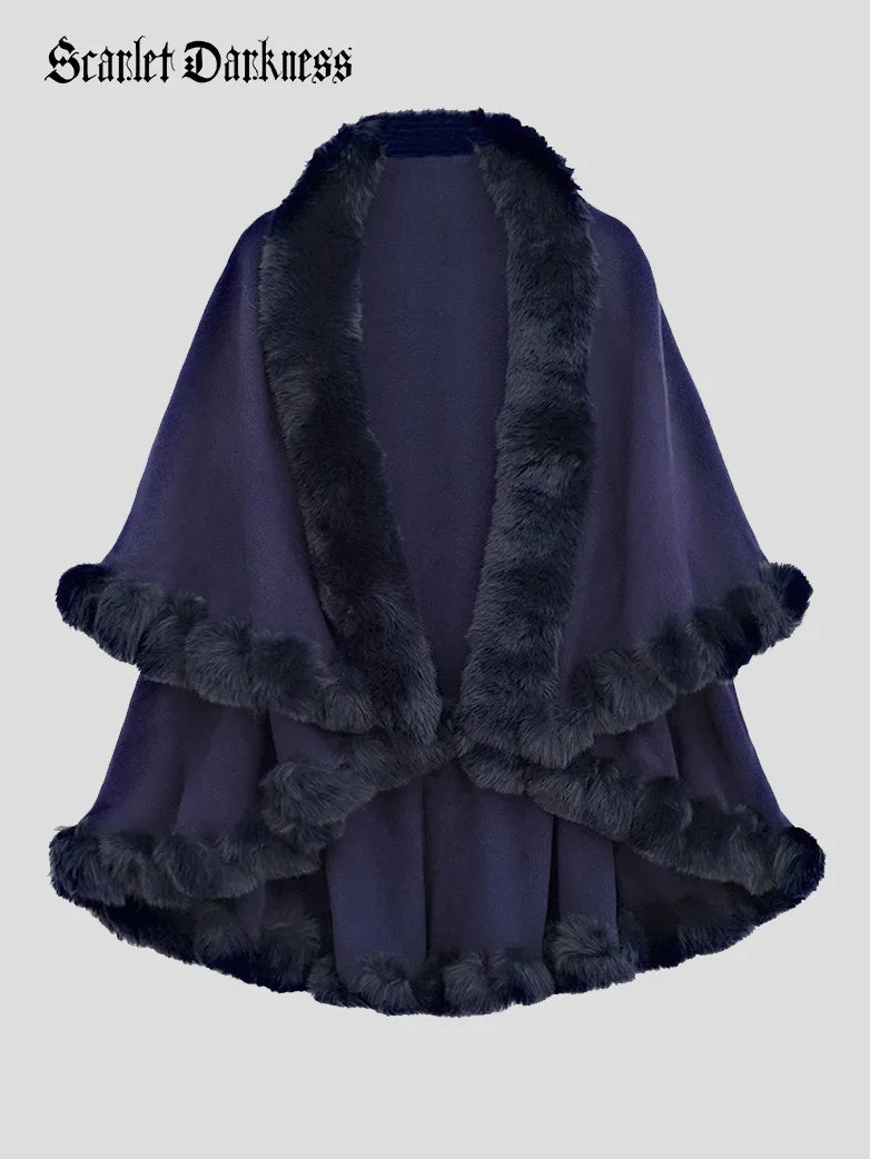 belle poque 1980s Christmas Double-layer Fur Collar Cape Blue 85cm*130cm