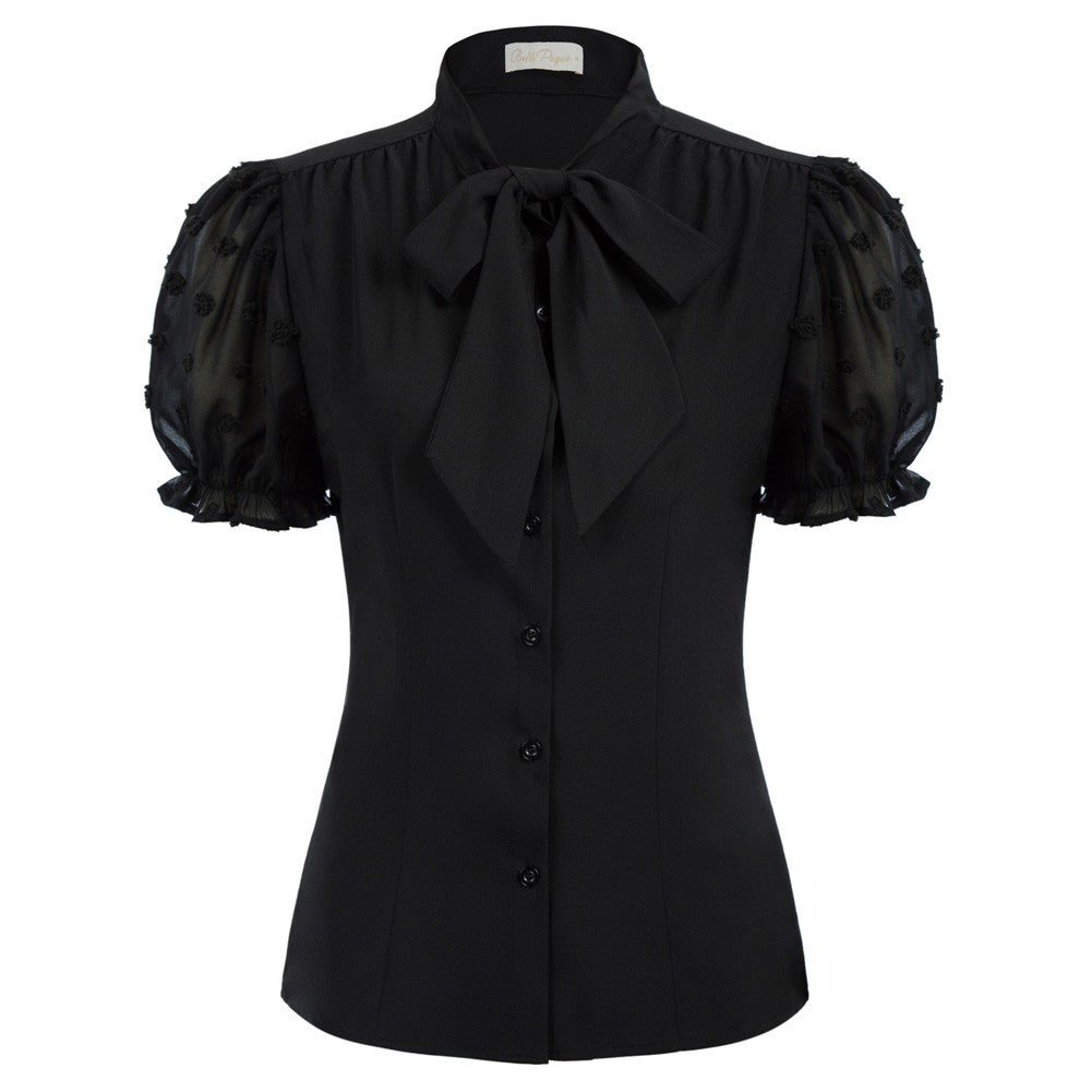 belle poque Bow-Knot Decorated Shirt Short Sleeve Stand Collar Tops Black