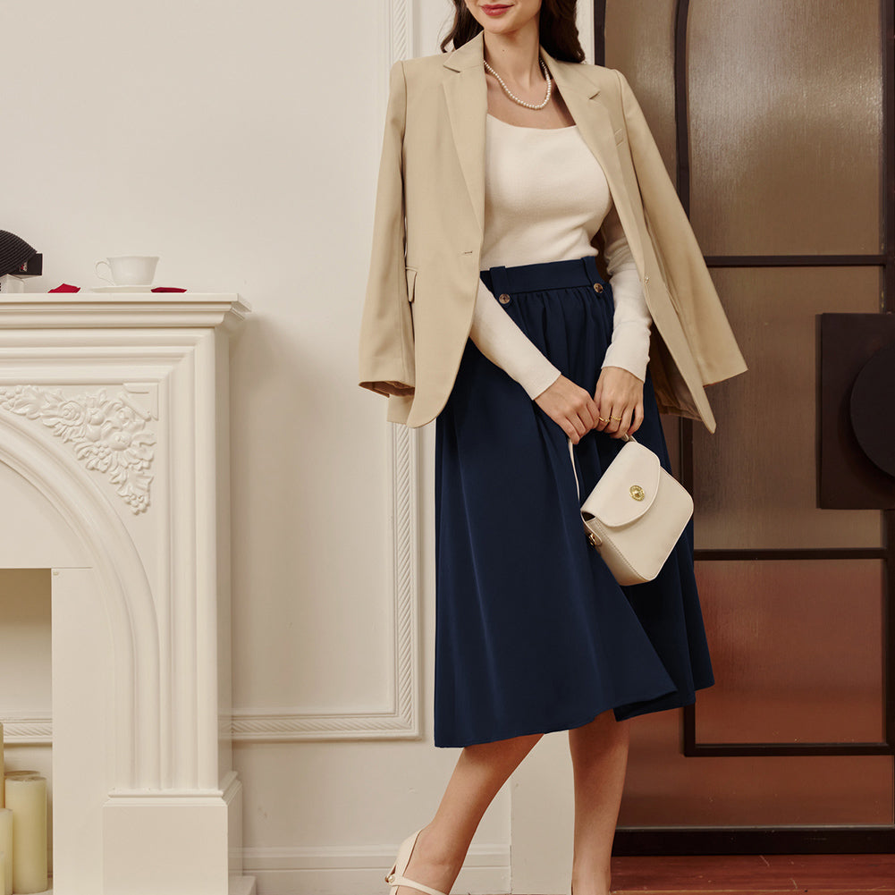 belle poque Women Vintage Swing Skirt Elastic Waist Mid-Calf Length A-Line Skirt