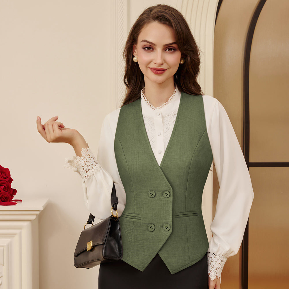 belle poque Women Double Breasted Vest Coat V-Neck Handkerchief Hem Business Waistcoat