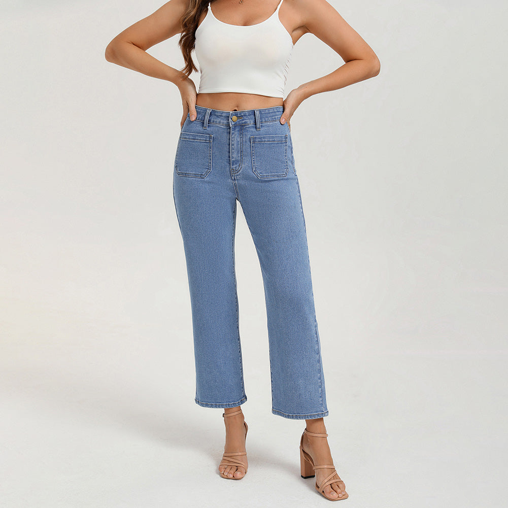 belle poque Women's Straight Leg Jeans Mid Rise Wide Leg Denim Pants with Pockets