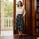 belle poque Women Vintage Plaided Swing Skirt Elastic Waist Mid-Calf Length A-Line Skirt