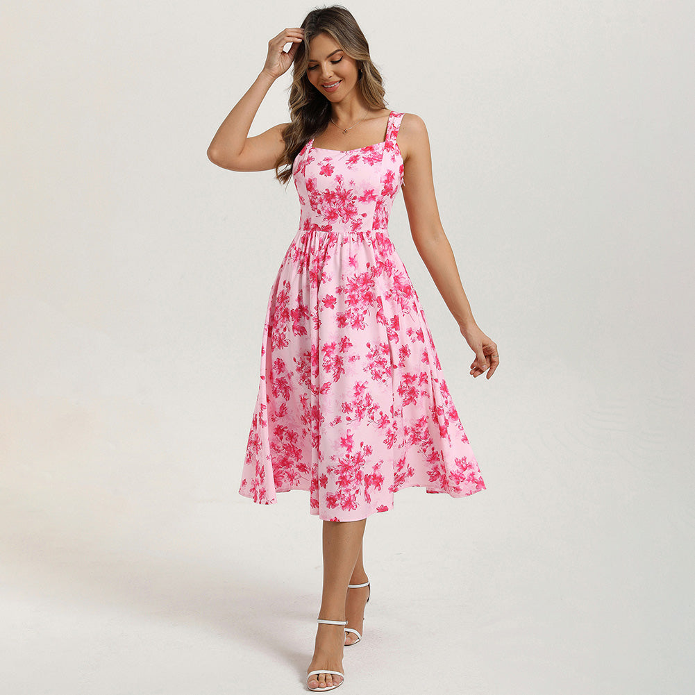 belle poque Women's Floral Midi Sundress with Pockets Spring Summer Dresses for Wedding Guest