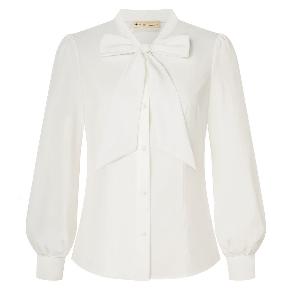 belle poque Women's Bow Tie Neck Blouse Button Down Shirt for Work Office Casual White