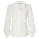 belle poque Women's Bow Tie Neck Blouse Button Down Shirt for Work Office Casual White