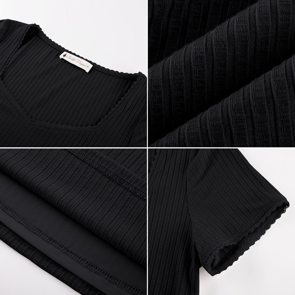 belle poque Women's Lace Trim Tops Slim Fit Ribbed Knit Basic Tee Tops