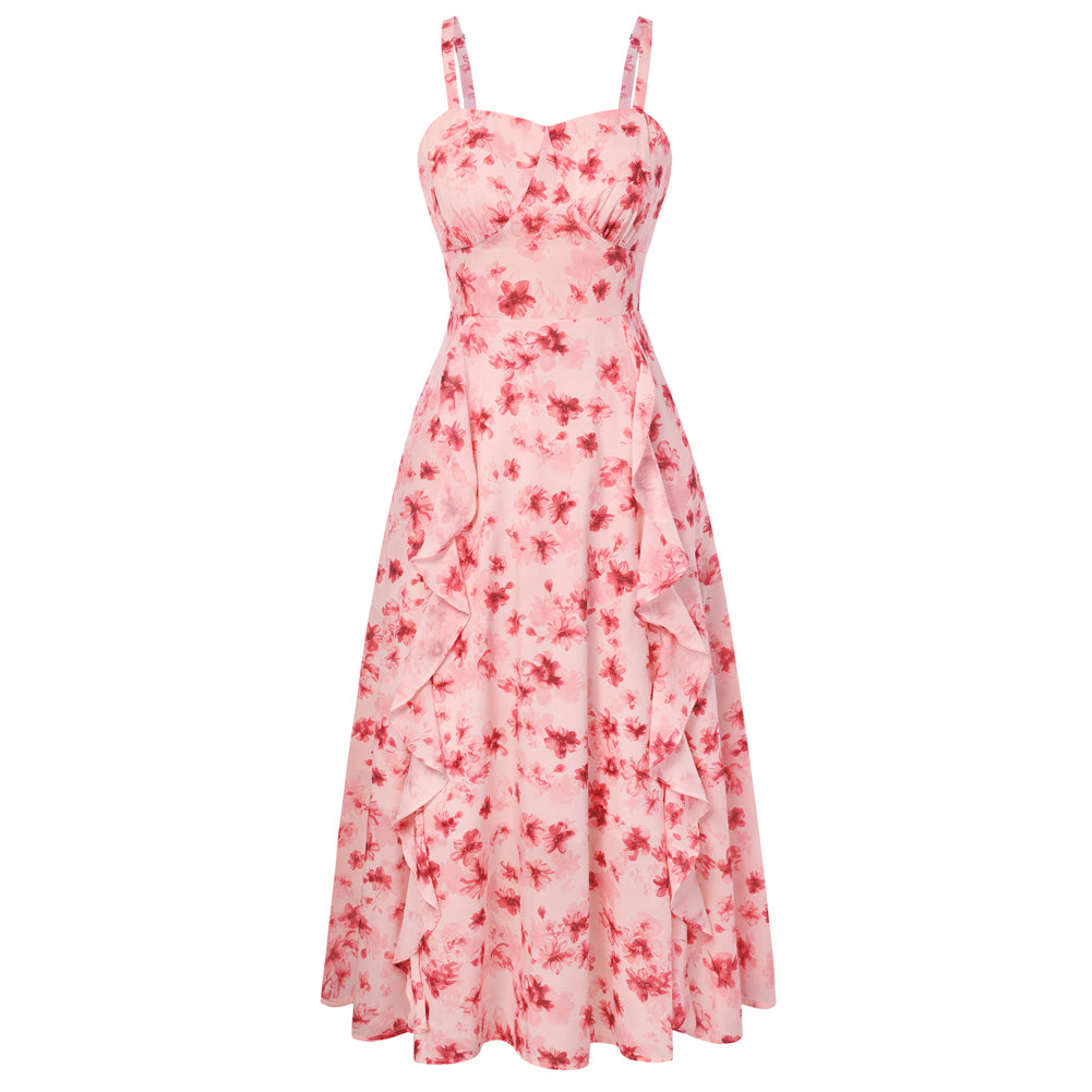 belle poque Long Fairy Dress with Ruffle Trim Empire Waist Dress for Women Summer Pink