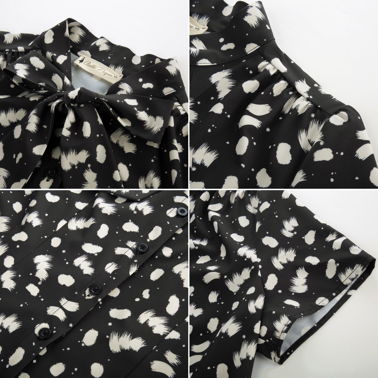 belle poque Summer Short Sleeve Office Button Down Blouse Stripe Shirt Tops with Bow Tie