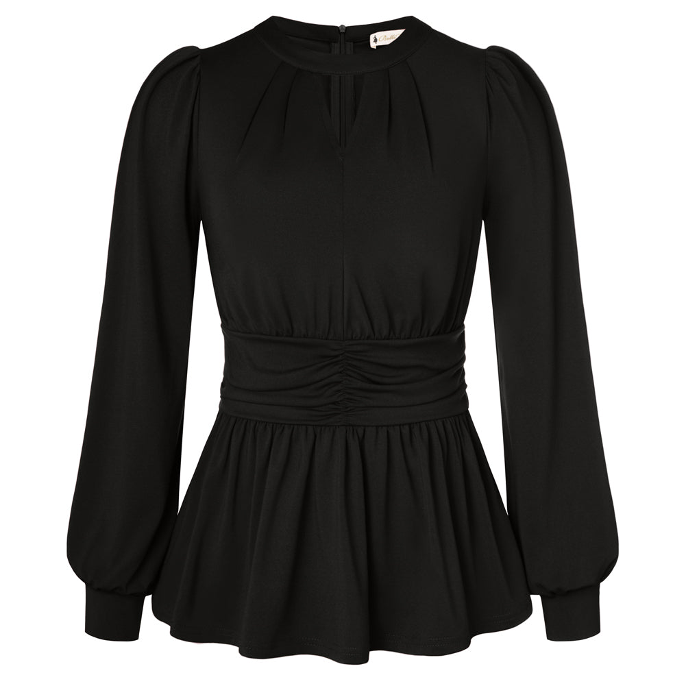 belle poque Women Retro Defined Waist Tops Long Lantern Sleeve Crew Neck Pullover Tops Black