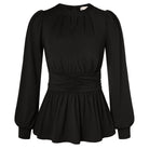 belle poque Women Retro Defined Waist Tops Long Lantern Sleeve Crew Neck Pullover Tops Black