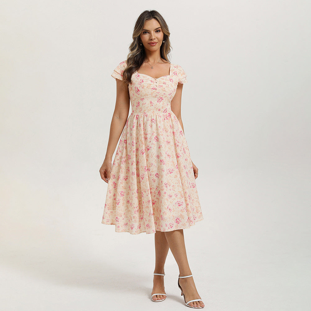 belle poque Women's Sweatheart Floral Dress 2026 Spring Ruched Midi Garden Party Dress