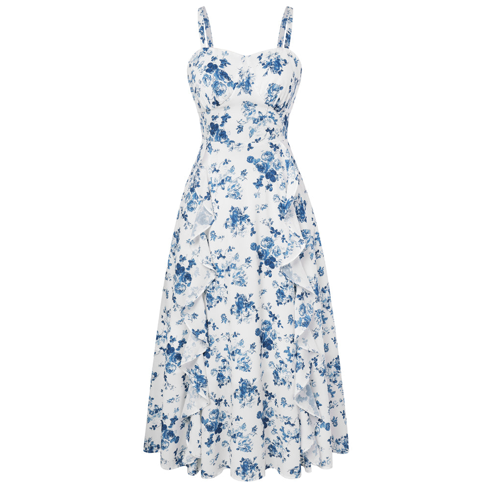 belle poque Long Fairy Dress with Ruffle Trim Empire Waist Dress for Women Summer Blue Floral