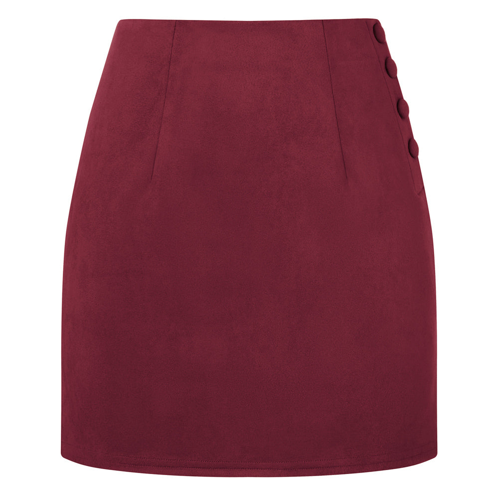 belle poque Women Mini Skirt Bodycon Mini Skirt Suede Skirts with Botton Wine