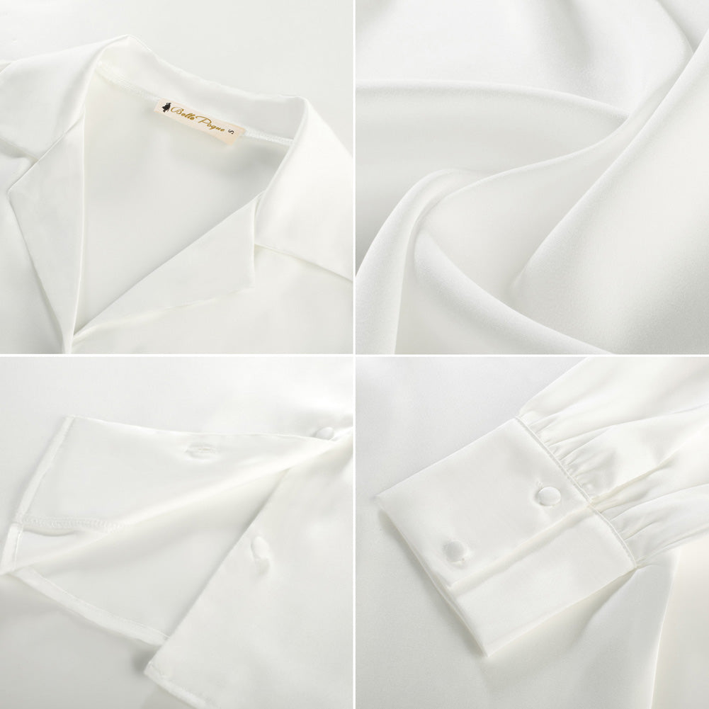 belle poque Women Vintage Shirt OL Long Sleeve Lapel Collar V-Neck Button-up Tops