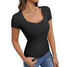 belle poque Women's Lace Trim Tops Slim Fit Ribbed Knit Basic Tee Tops