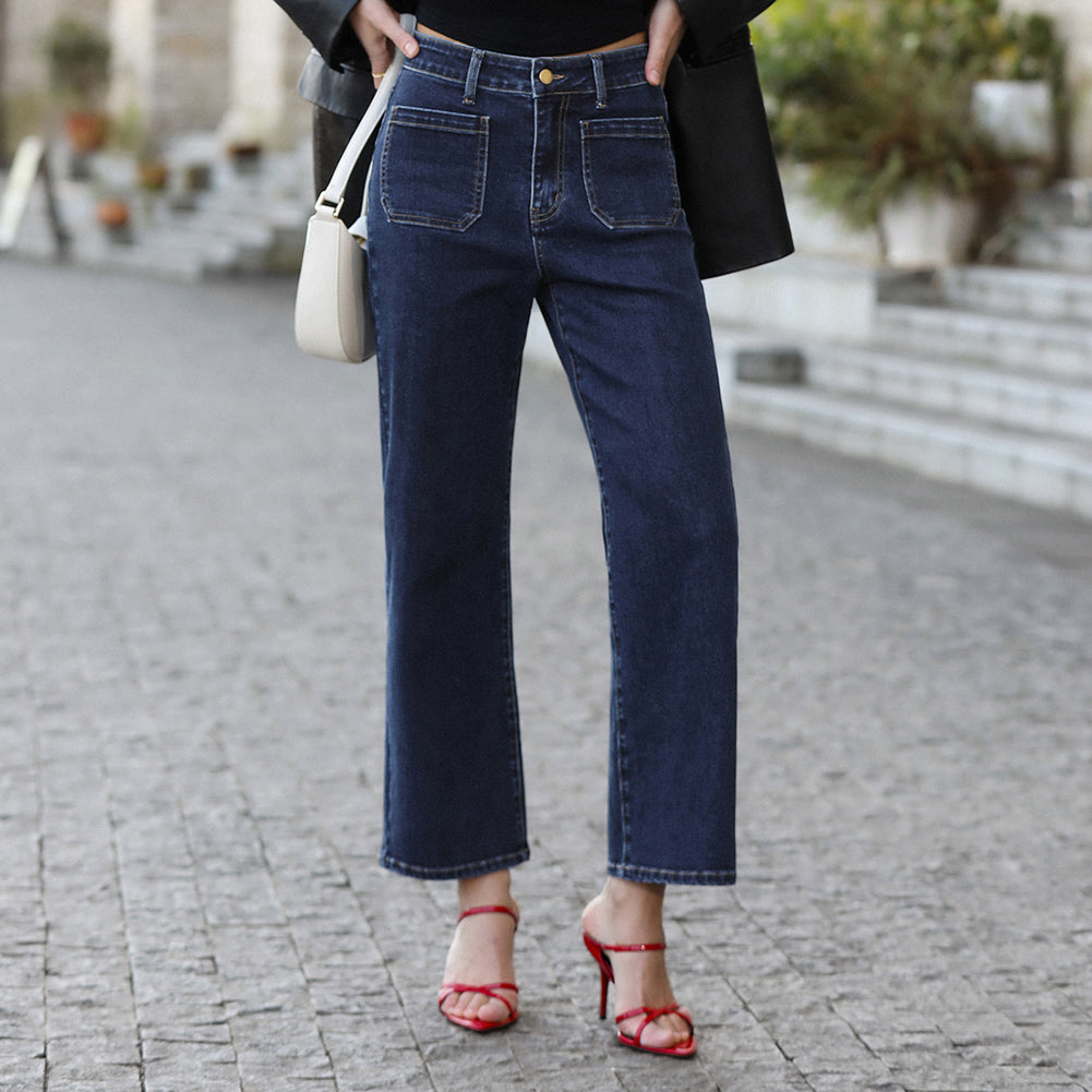 belle poque Women's Straight Leg Jeans Mid Rise Wide Leg Denim Pants with Pockets