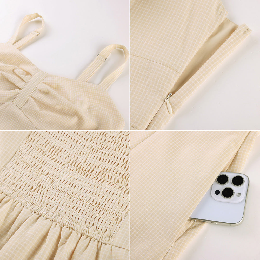 belle poque 1950s Vintage Gingham Dress for Women Sweetheart Neckline Dresses with Pockets