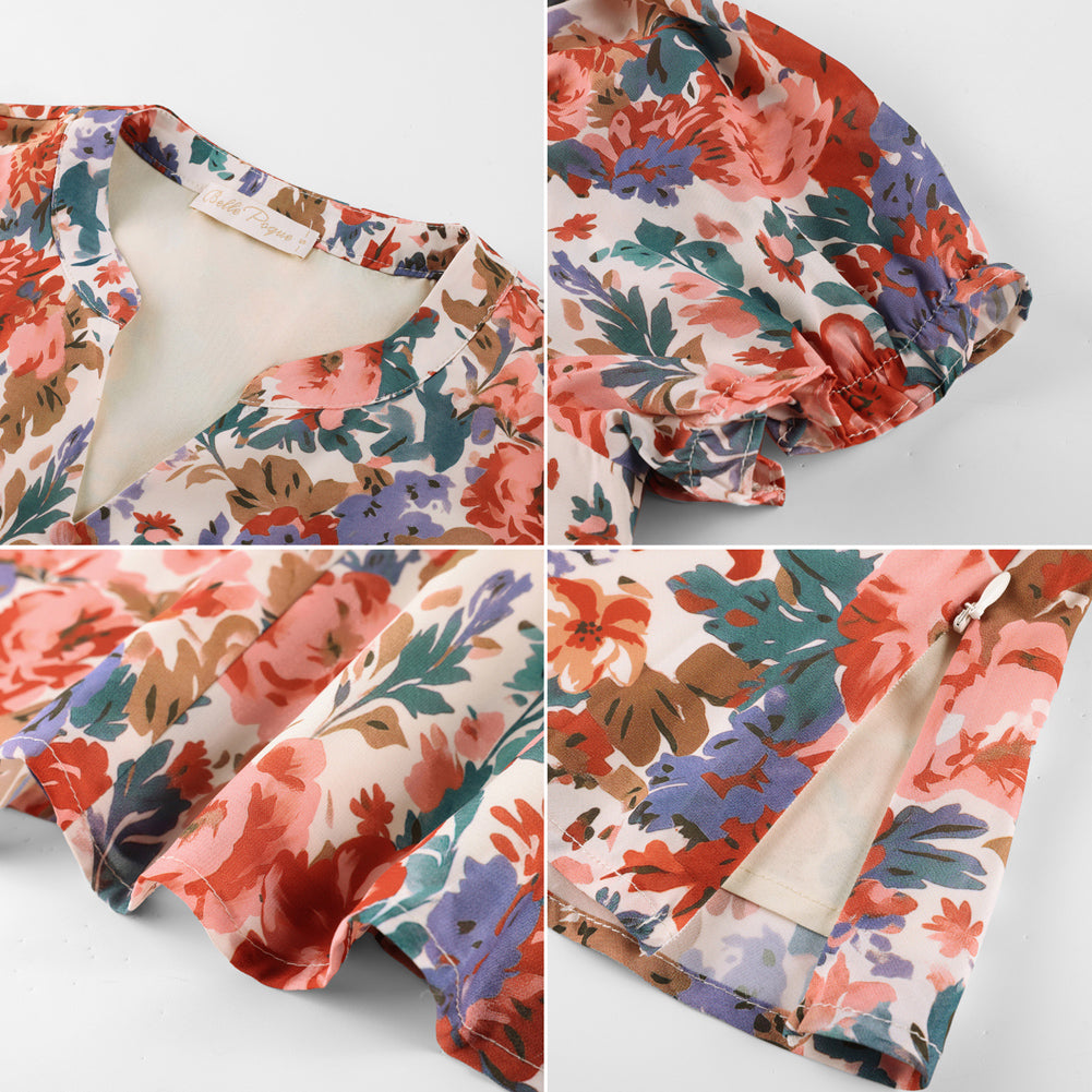 belle poque Floral Tops for Women Vacation Blouses Henley V Neck Shirts Peplum Tops