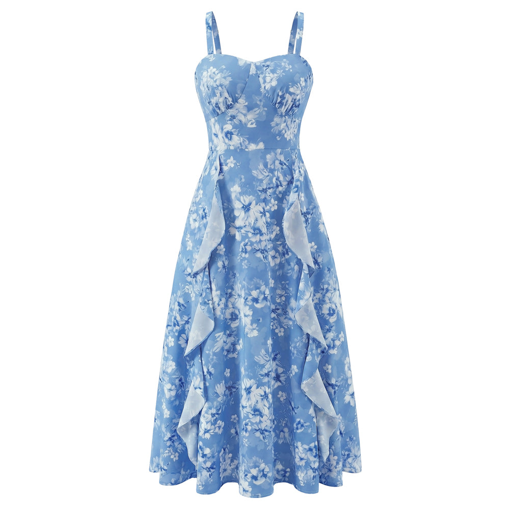 belle poque Milkmaid Dress with Ruffle Trim Empire Waist Dress for Women Summer Blue