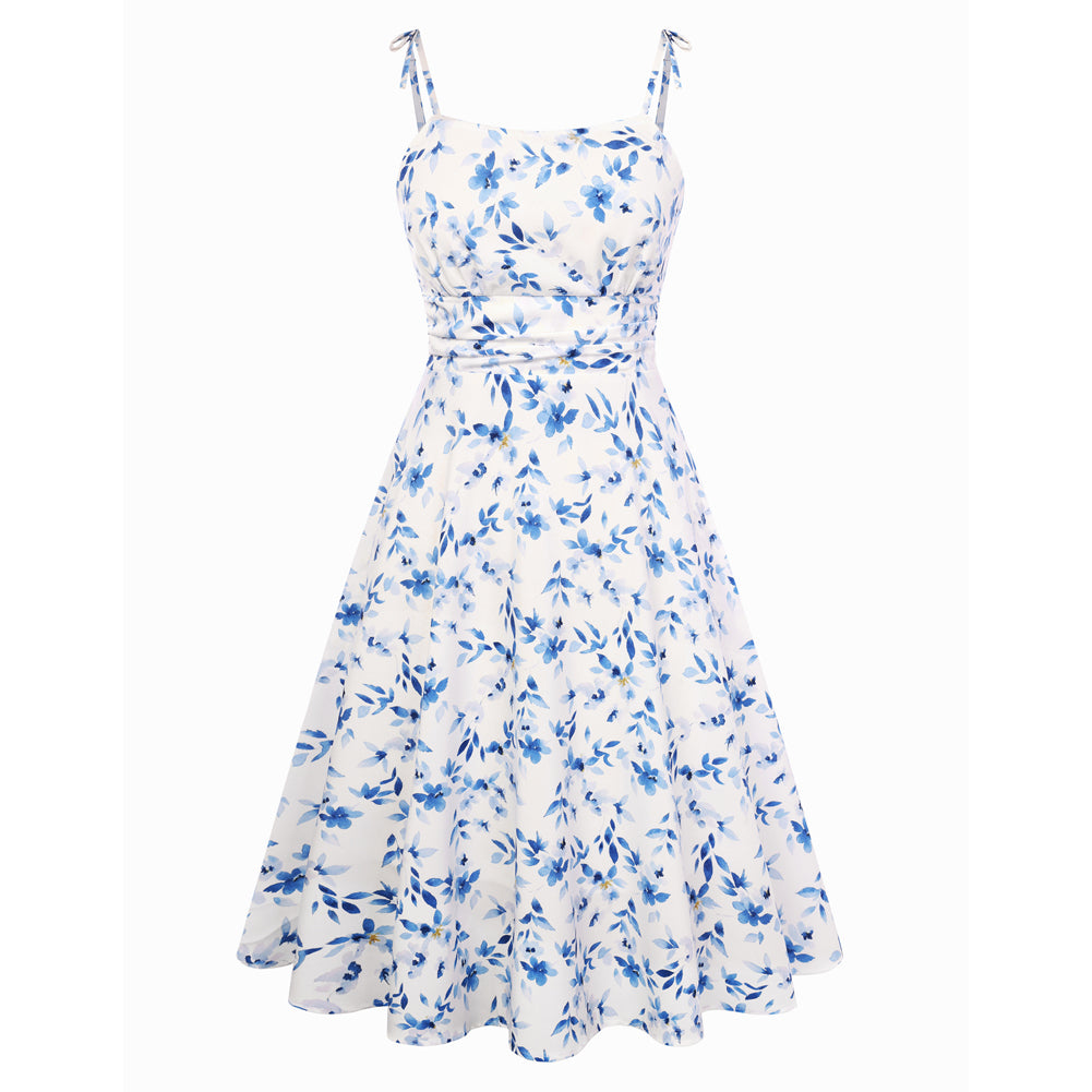 belle poque 2026 Summer Dresses for Women Midi Sun Dress Cute Date Casual Dress with Pockets Blue-Floral