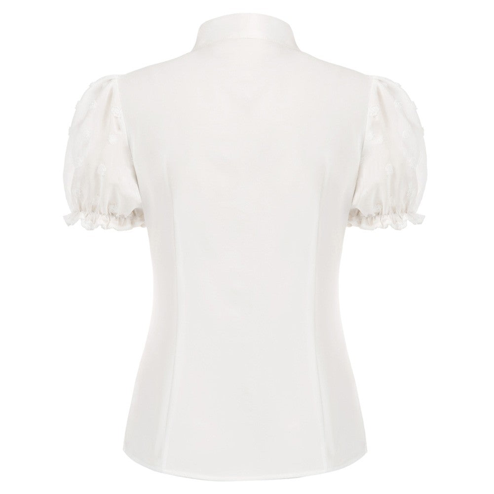 belle poque Bow-Knot Decorated Shirt Short Sleeve Stand Collar Tops