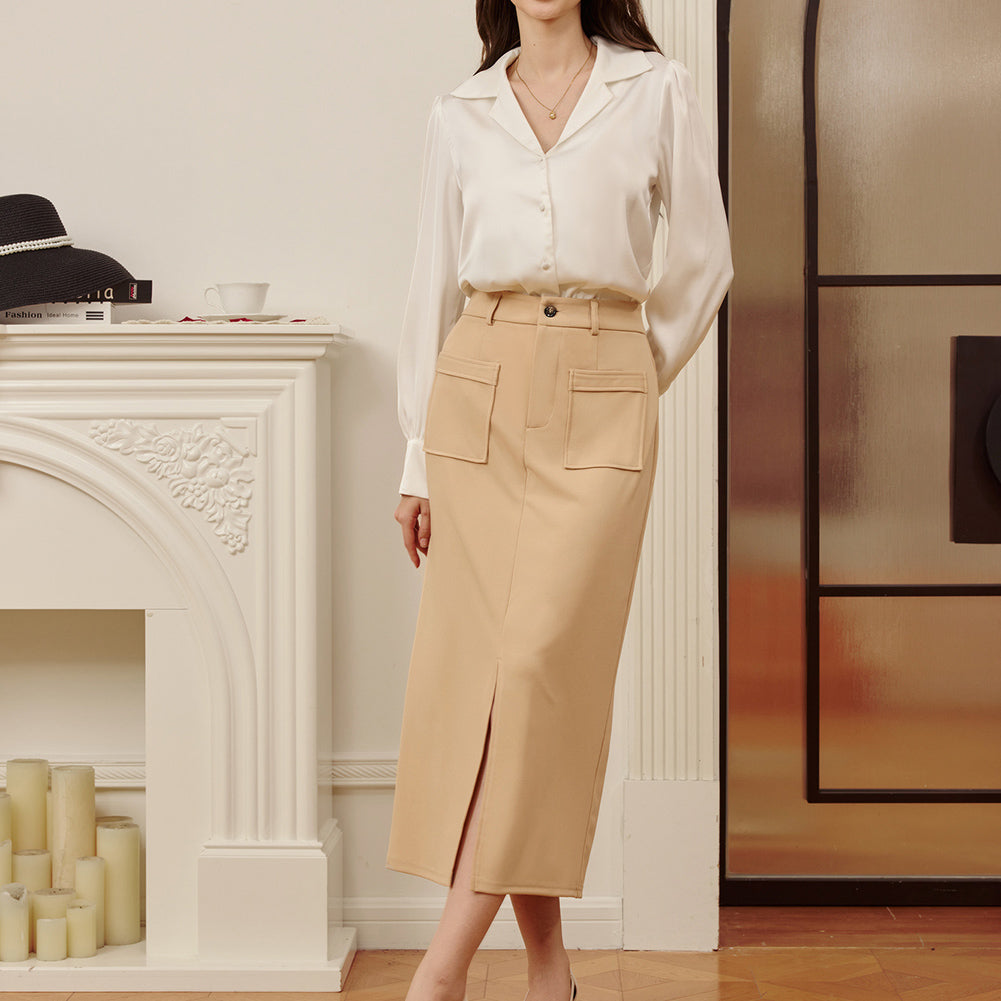 belle poque Women Cargo Skirt Long Pencil Skirt High Wiasted Skirts with Pockets & Slit