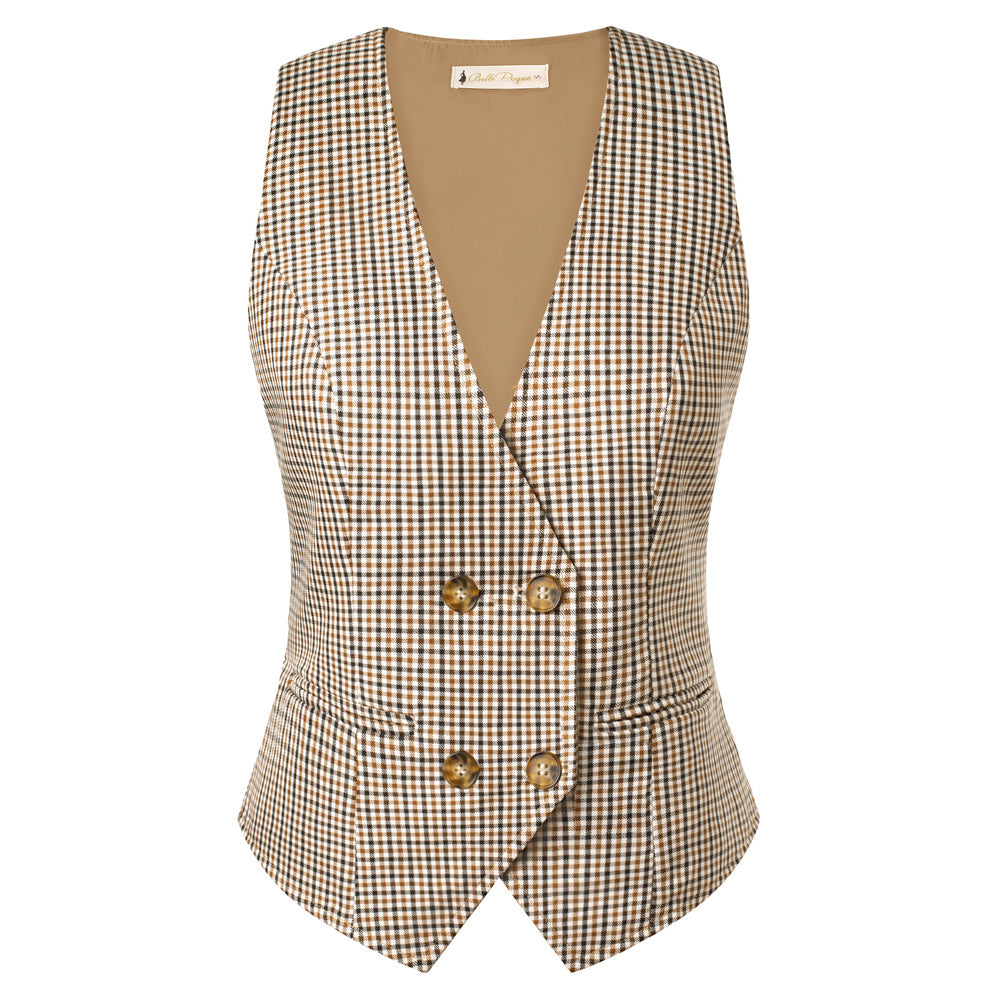 belle poque Women Double Breasted Vest Coat V-Neck Handkerchief Hem Business Waistcoat Brown