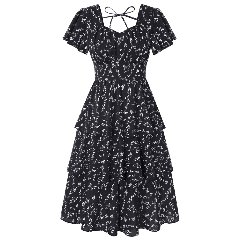 belle poque Women's Vintage Dress 1950s Summer Layered Tiered Ruffle A-line Swing Midi Dress Black 2