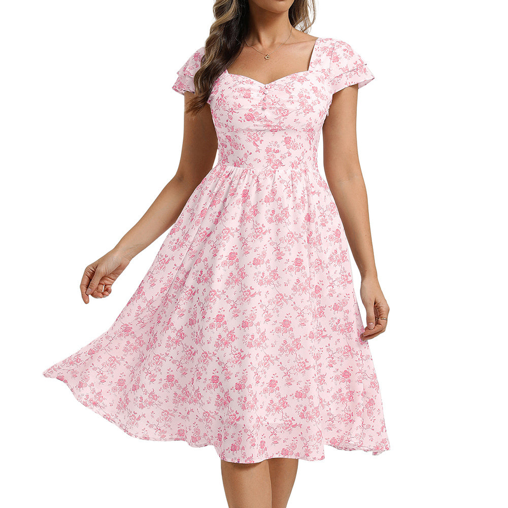 belle poque Women's Sweatheart Floral Dress 2026 Spring Ruched Midi Garden Party Dress Pink