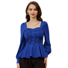 belle poque Women Vintage Ruched Tops Puffed Long Sleeve Peplum Hem Tops