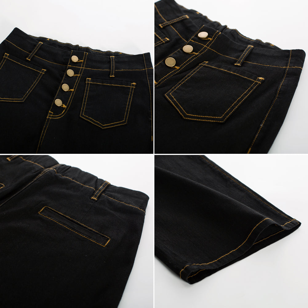 belle poque Vintage Straight Leg High Waisted Elastic Waist Multi-Pocket Flare Denim Pants