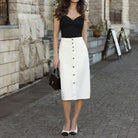 belle poque 1980s Vintage Jean Skirts for Women Front Slit Midi Skirt with Pockets White