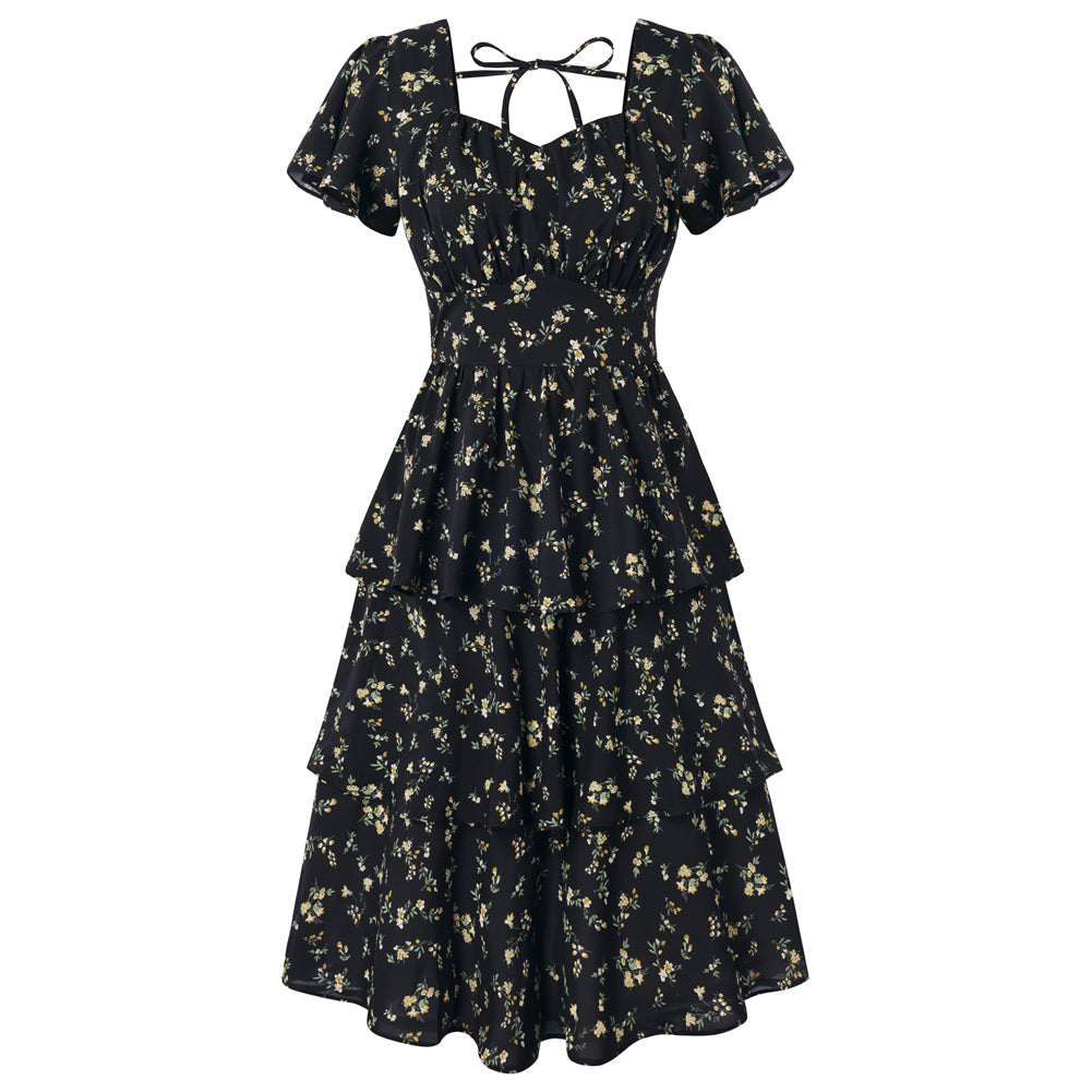 belle poque Women's Vintage Dress 1950s Summer Layered Tiered Ruffle A-line Swing Midi Dress Black 3