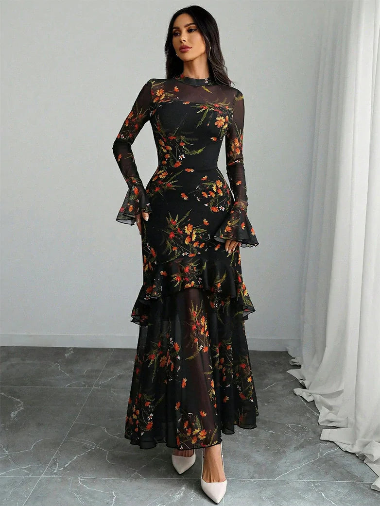 belle poque Floral Mesh Cover-Up Party Dress with Ruffled Sleeves