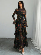 belle poque Floral Mesh Cover-Up Party Dress with Ruffled Sleeves