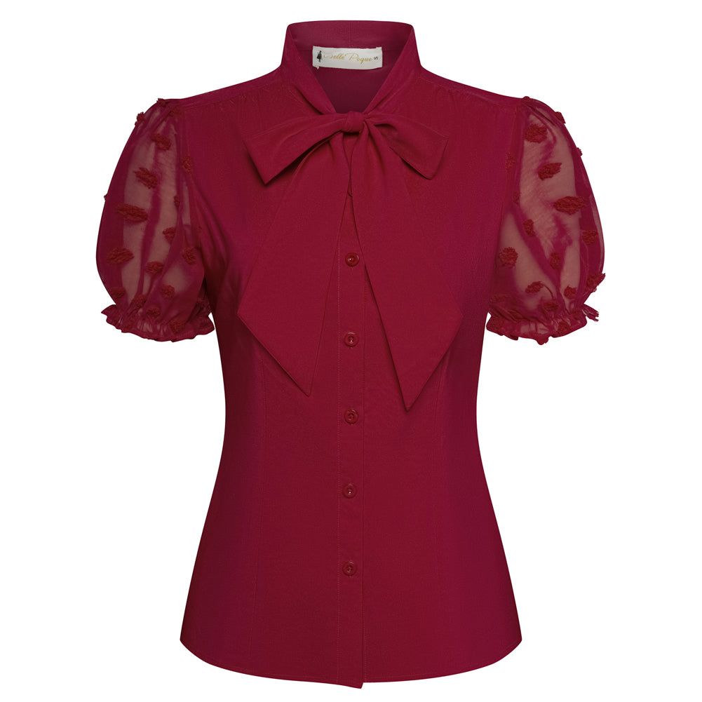 belle poque Bow-Knot Decorated Shirt Short Sleeve Stand Collar Tops Red