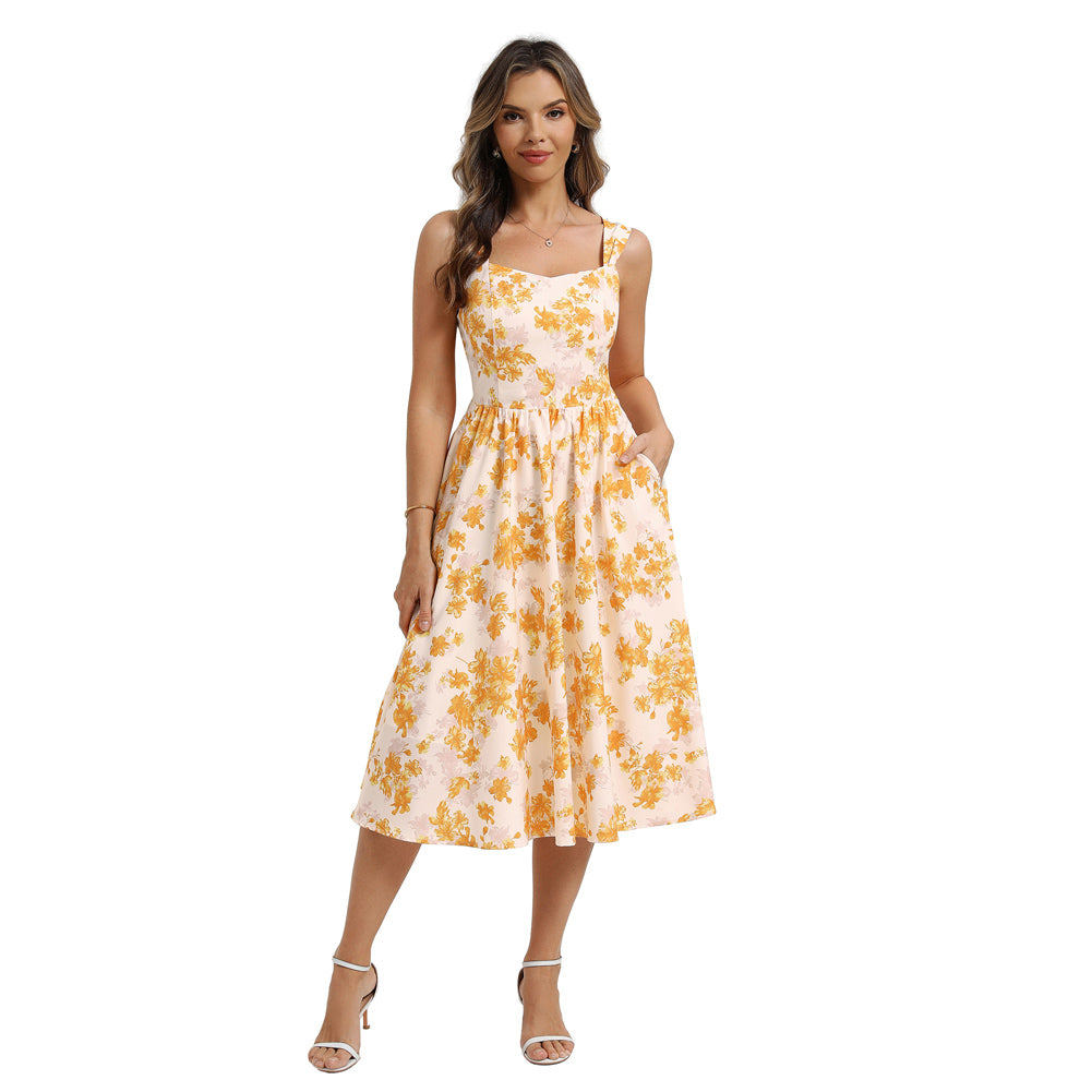 belle poque Women's Floral Midi Sundress with Pockets Spring Summer Dresses for Wedding Guest