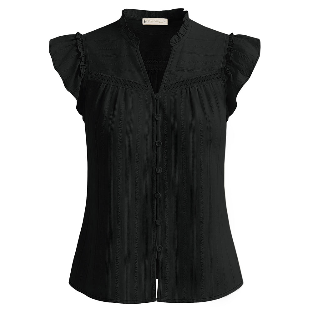 belle poque Women's Ruffle Sleeve Cotton Shirts Button Down Blouses Dressy Casual Tops Black