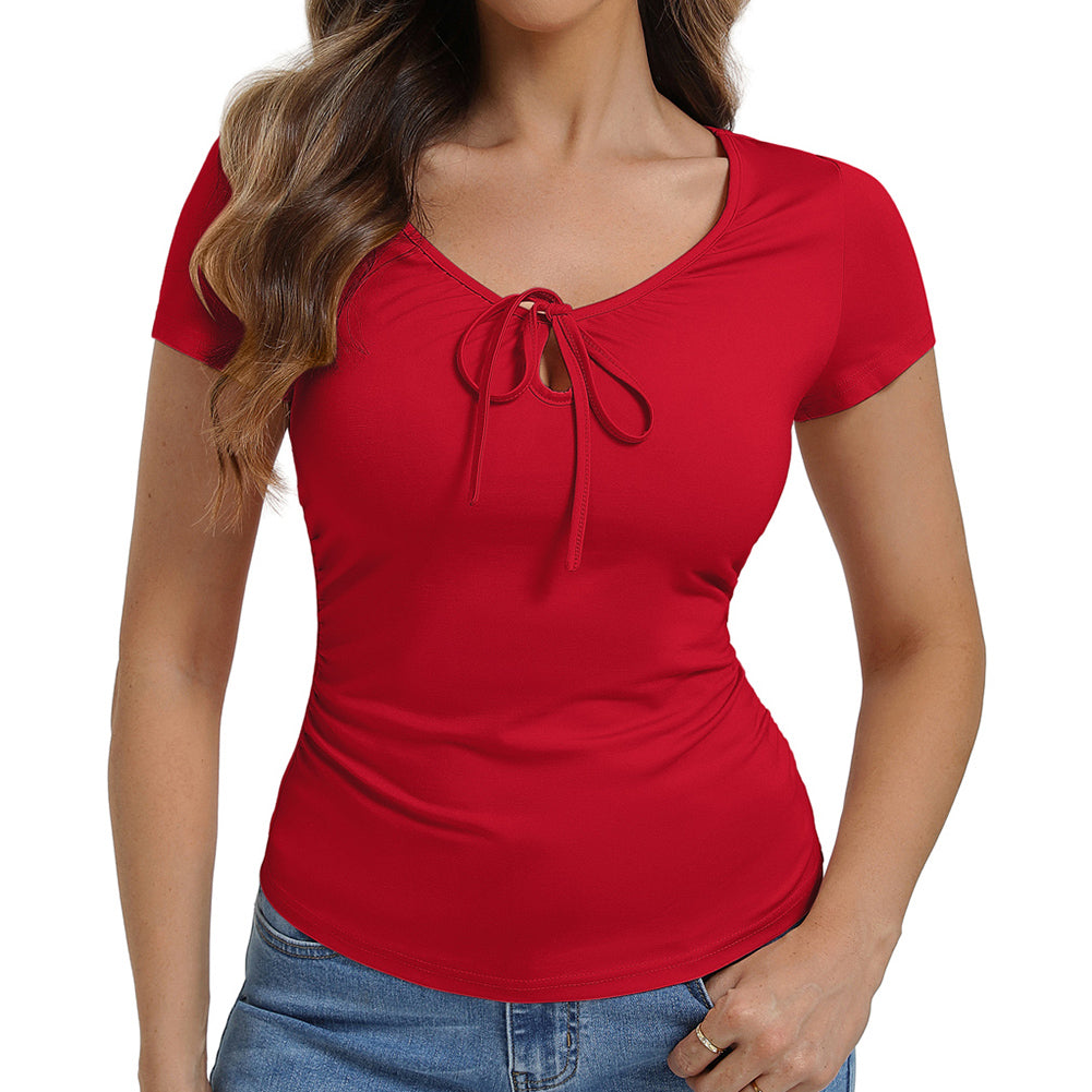 belle poque 2026 Women's Tops Pleated Bow Tie Front Shirts Spring Summer Casual Knit Top Red