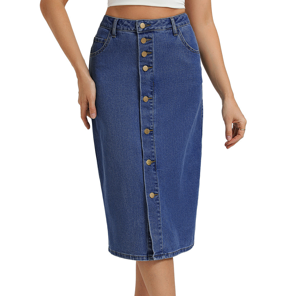 belle poque 1980s Vintage Jean Skirts for Women Front Slit Midi Skirt with Pockets Blue