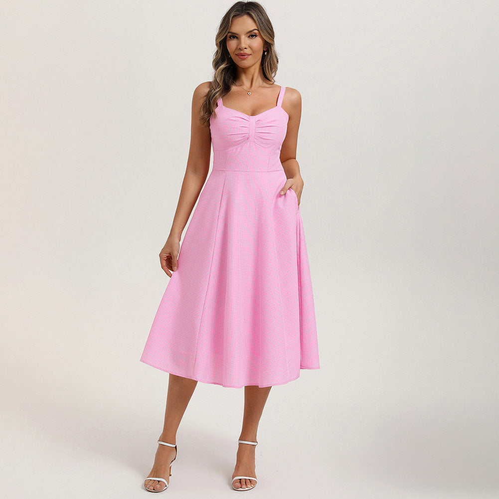 belle poque 1950s Vintage Gingham Dress for Women Sweetheart Neckline Dresses with Pockets