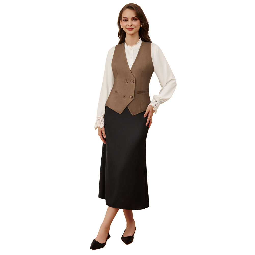 belle poque Women Double Breasted Vest Coat V-Neck Handkerchief Hem Business Waistcoat