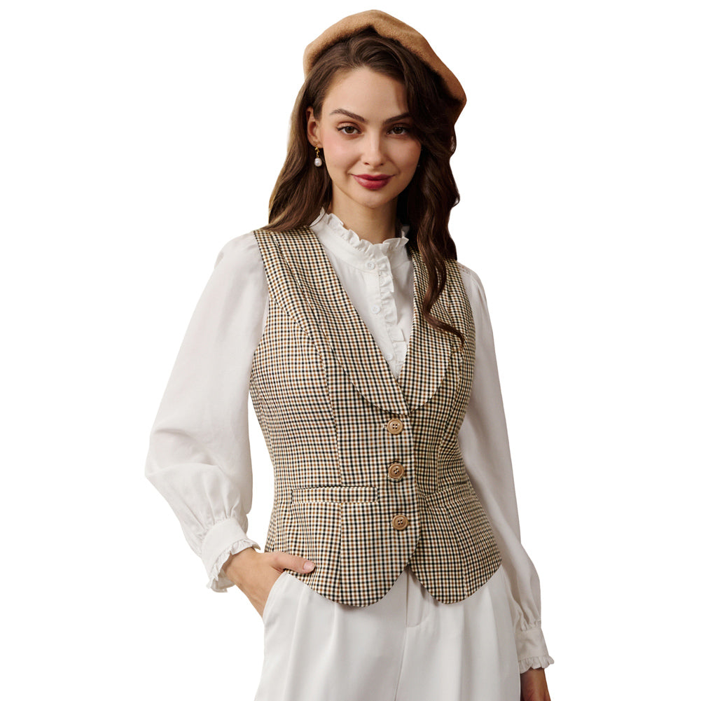 belle poque Vintage Lapel Collar Suit Vest Tops for Women Work Dressy Waistcoat Blazer with Pockets