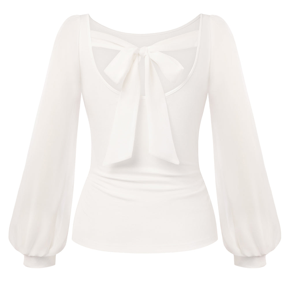 belle poque Women's Mesh Long Sleeve Tops Bow Tie Back Dressy Blouses