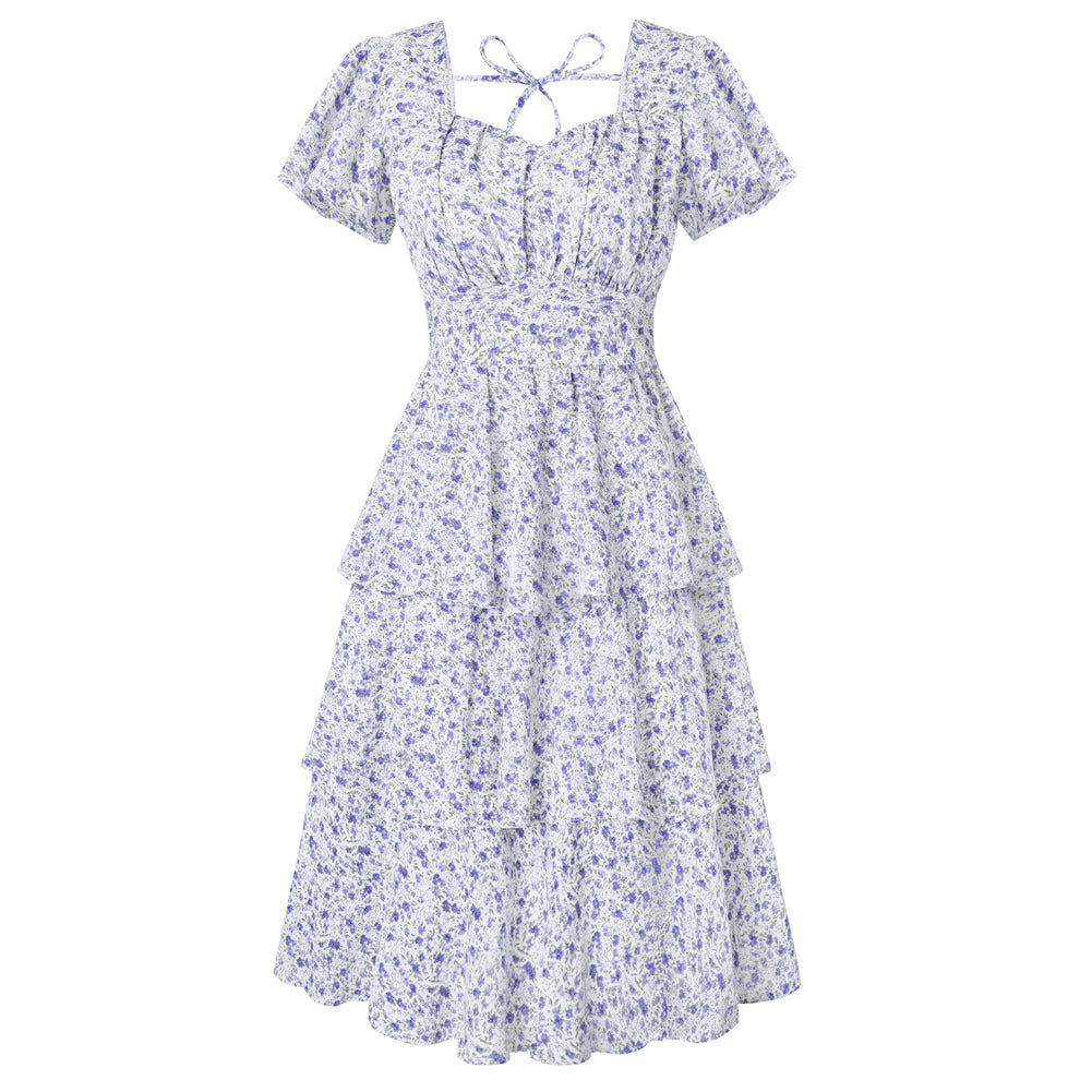 belle poque Women's Vintage Dress 1950s Summer Layered Tiered Ruffle A-line Swing Midi Dress Purple Floral