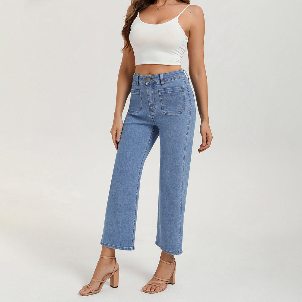 belle poque Women's Straight Leg Jeans Mid Rise Wide Leg Denim Pants with Pockets