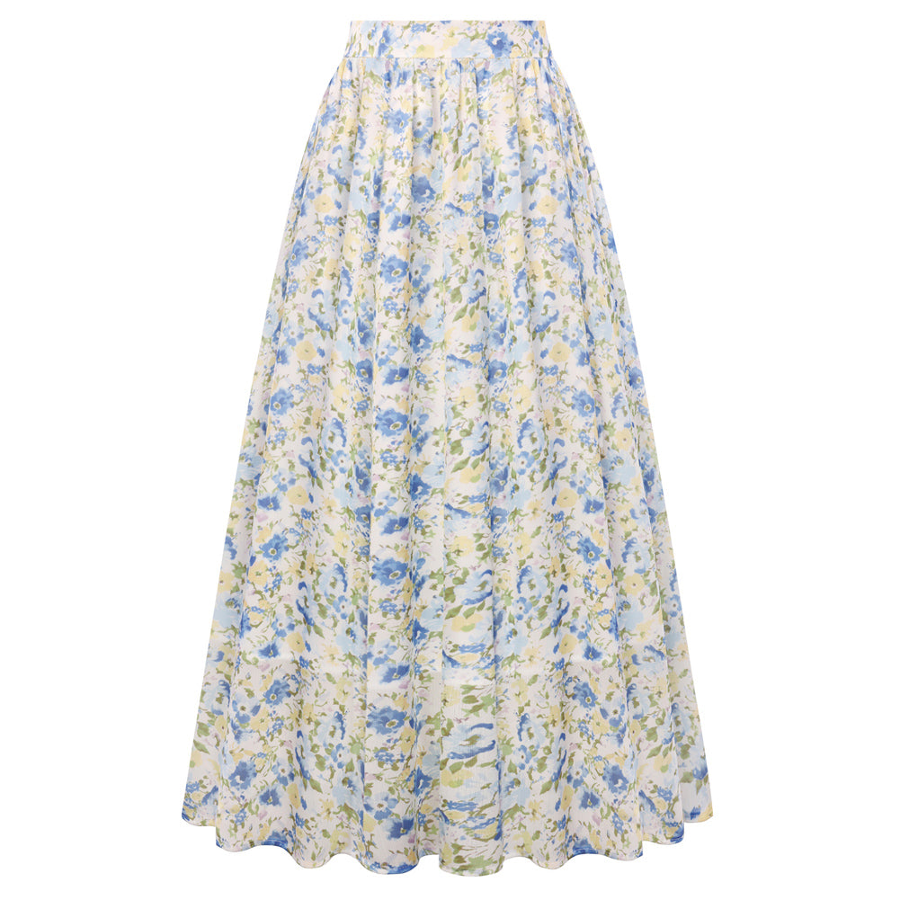 belle poque 2026 Women Vintage Swing Floral Skirt Comfy A-Line Maxi Skirt Blue